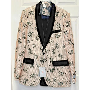 Kent & Park Cream Black Velvet Floral Tuxedo 40R 3PC Prom Formal M2742